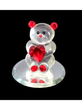 Glass Baron Clear & Red Crystal Bear with Heart Figurine 1.5" tall